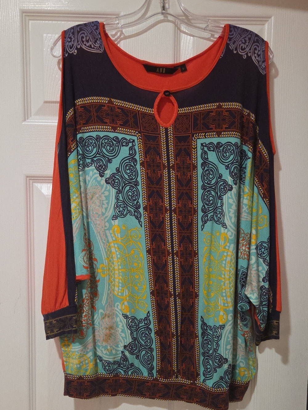 Cold-Shoulder Printed Long Sleeve Top in Teal & Orange
